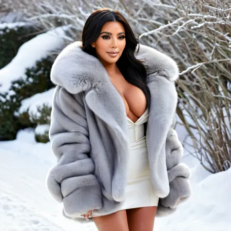 Three-quarter rear view of Kim Kardashian wrapped in a short three-layer faux fur coat, volumineux et doux, en vison gris, avec un énorme, very thick fur collar around the neck, assise dans la neige , elle montre ses fesses et se penche vers lavant, sous l...