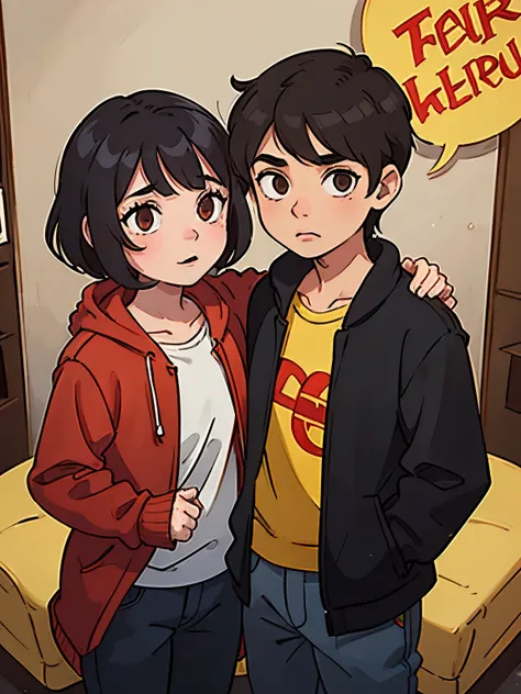 Um casal adolescente, one with short dark hair with red highlights, a little chubby and a boy with black hair long to his neck, slim in yellow coat with jeans.