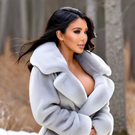 
Profile view of Kim Kardashian wrapped in a short three-layer faux fur coat, volumineux et doux, en vison gris, avec un énorme, very thick fur collar around the neck, with two huge very swollen bare breasts visible, she is completely naked and opens her f...