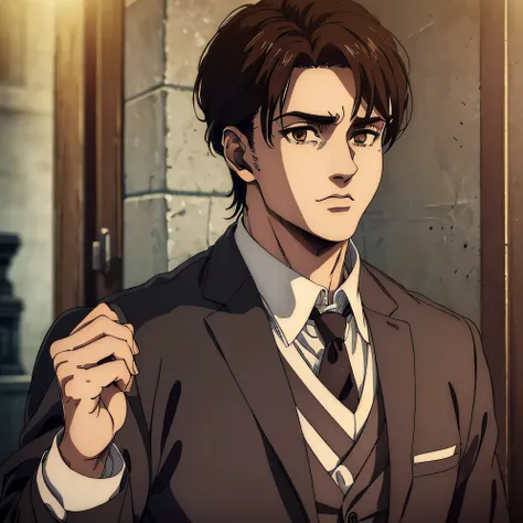 (best quality,4k,8k,highres,masterpiece:1.2),ultra-detailed,(realistic,photorealistic,photo-realistic:1.37), young male character, mappa art style, brown eyes, blackish brown medium hair, sharp jawline, he is wearing grey suit, vibrant color,