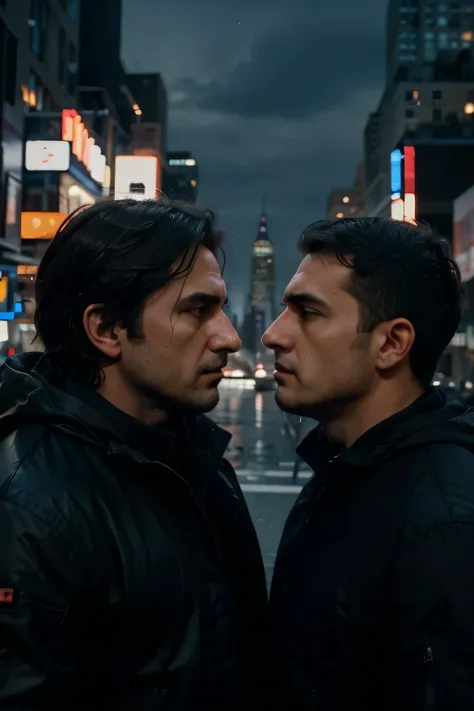 create a realistic sci-fi movie cover in New York at night with half the face separated from just two strong, angry men face to face confronting each other in profile with facial recognition graphics on their faces