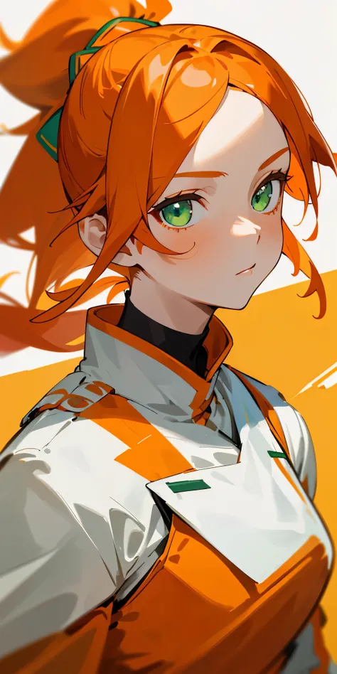 1 girl、one person、orange clothes、orange hair、ponytail、beautiful green eyes、strong pleasure on the face、From the side、white uniform with golden decorations、upper body close-up