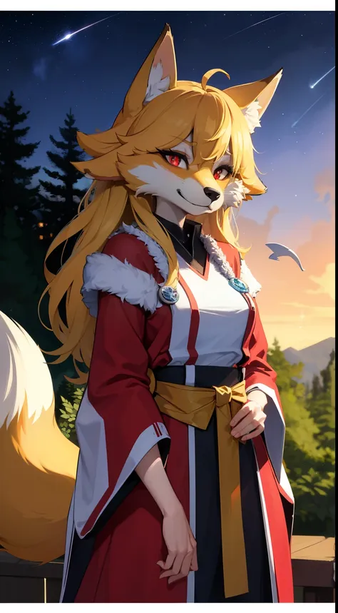 the art of dagasi，woman fox, furry, fox, ((adult:1.0)) longhaire，shaggy，golden fur，golden yellow face fur,long blonde hair，red e...