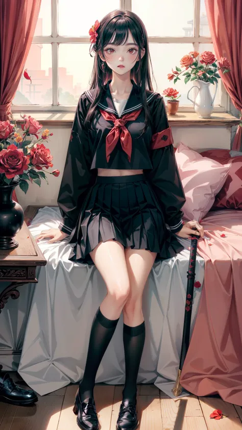 camellia, flower, red_flower, red_rose, rose, katana, 1girl, pink_rose, pink_flower, spider_lily, shoes, long_hair, school_uniform, serafuku, sheath, skirt, solo,  sheathed, vase, looking_at_viewer, sitting, orange_flower, pleated_skirt, rose_petals, black...