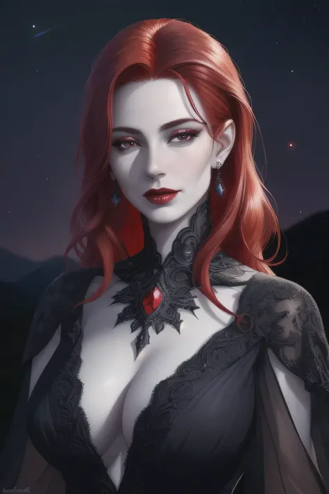 portrait shot, ((vivid red hair)), mature woman, 30 years old, diamond face, moonlight, red starry sky background, depth of field, magic, big red lips, ((dark black eyes)) (Detailed beautiful eyes)  red long and full dress, covered chest, mystical atmosphe...