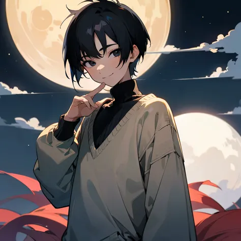 Boy, eighteen years old, anime style, black hair, very short hair, (smiling0.7), black eyes, droopy eyes, very thin eyebrows, wide-eyed, fair skin, skinny, sweater, long sleeves, boyish, upper body, with a moon, at night