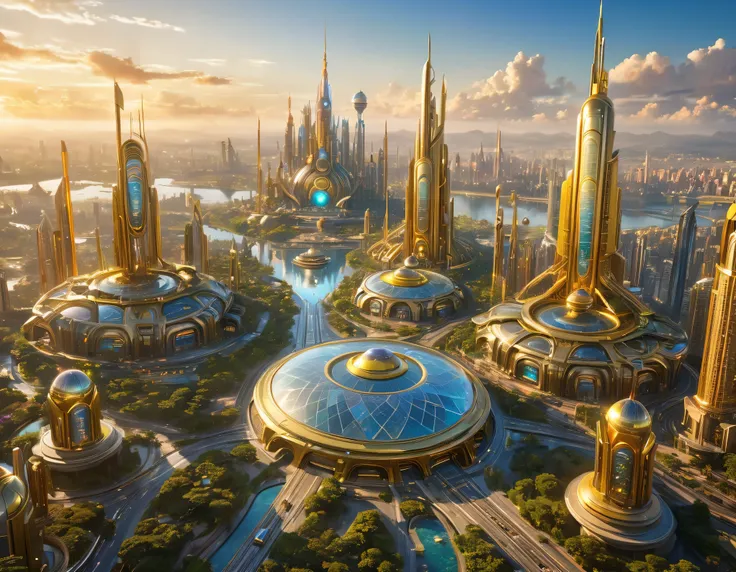 (golden hour lighting), megacity, megalopolis of an imaginary world of science fiction , parecido a una disneylandia futurista, ...