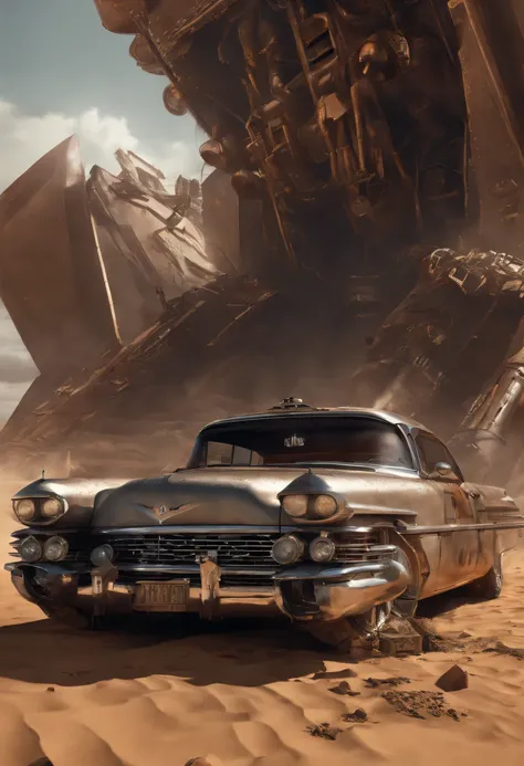 faithful image of an old rusty 1955 cadilac eldorado with spikes and spikes on the hood, military style with modifications, he is running in the sand of the Sahara desert, carro steampunk, dramatic art, estilo de arte dieselpunk, apocalyptic road warrior v...