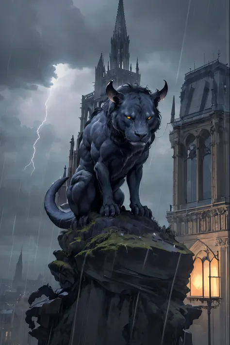 (best quality,4k,8k,highres,masterpiece:1.2),ultra-detailed,(realistic,photorealistic,photo-realistic:1.37),gargola de piedra meditating on top of the Notre Dame Cathedral, with a gloomy atmosphere, under the rain, dark night, thunder and lightning, toweri...