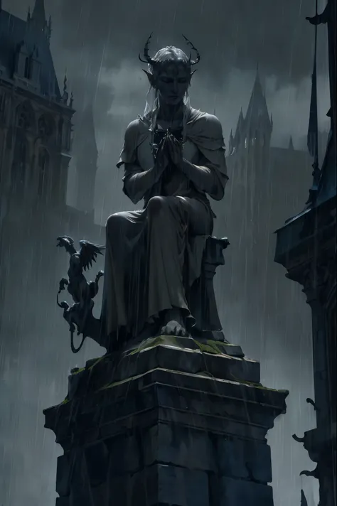 (best quality, highres), stone gargoyle, meditating, on top of the Notre Dame, gloomy atmosphere, in the rain, dark night, lightning and thunder, perched on a ledge, dim light, guardian, monastery