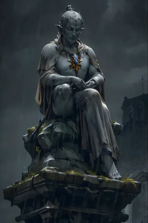 (best quality, highres), stone gargoyle, meditating, on top of the Notre Dame, gloomy atmosphere, in the rain, dark night, lightning and thunder, perched on a ledge, dim light, guardian, monastery