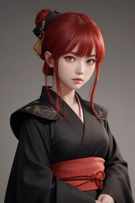 1girl, star eye, blush, perfect illumination, red hair, red eyes, unreal engine, sidelighting, detailed face, bangs, bright skin, simple background, dark background, samurai, kimono