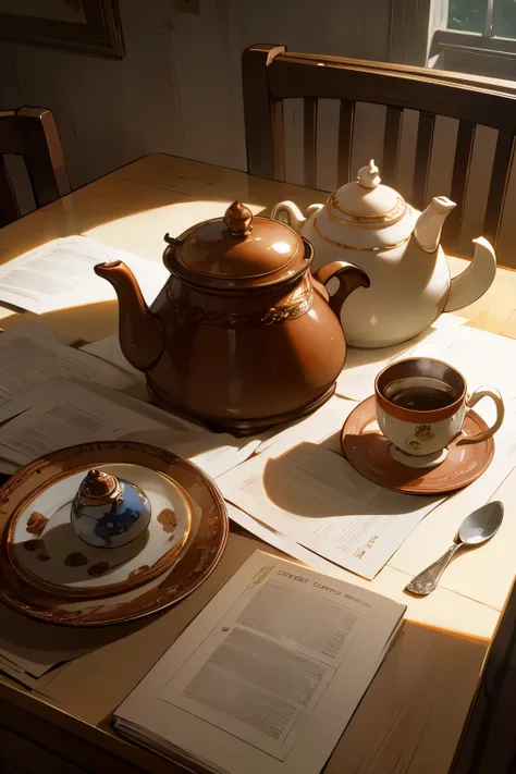 A messy kitchen table, with a dirty coffee cup, full of items (best quality, 4k, 8k, high resolution, masterpiece: 1.2), an antique porcelain coffee cup, scattered utensils, crumpled papers, a vibrant fruit bowl , an old teapot, spilled coffee stains. , fa...