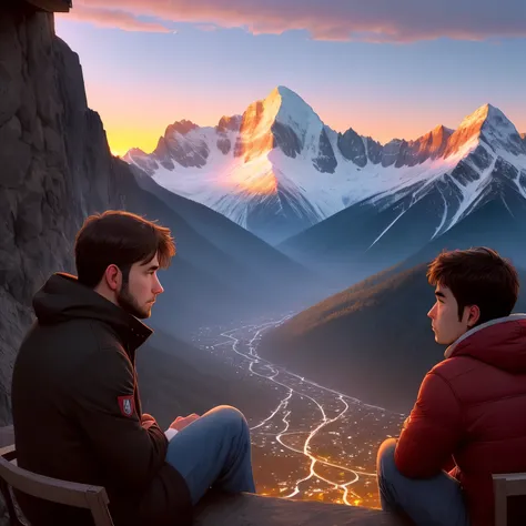 a man was sitting looking at the beautiful sunset with a sad face in the mountains