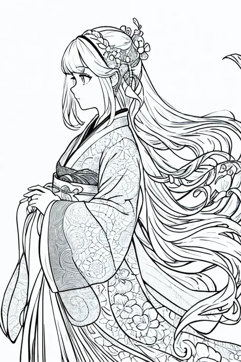 Artwork displaying a lone girl wearing intricate hanfu, detalhes precisos, cabelo longo ondulado, perto do perfil, fundo branco monocromatico, detalhes de desenho de linha, contorno definido. (Artwork displaying a solo girl wearing intricate hanfu, precise...