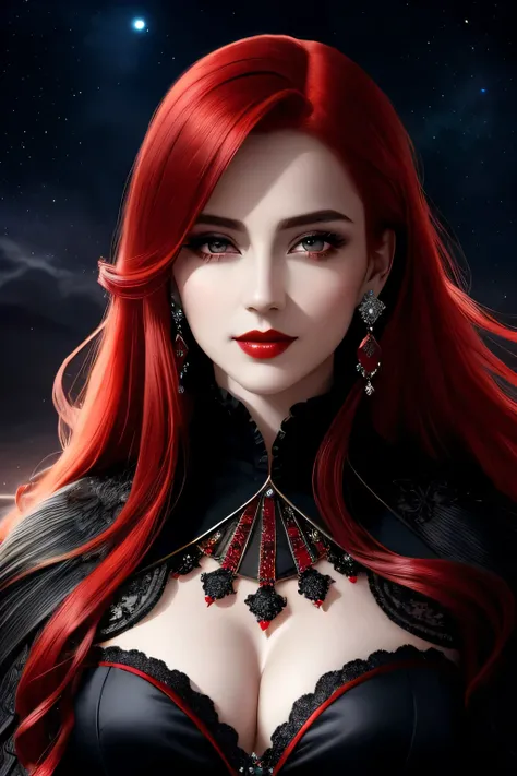 portrait shot, ((vivid red hair)), mature woman, 30 years old, diamond face, moonlight, red starry sky background, depth of field, magic, big red lips, ((dark black eyes)) (Detailed beautiful eyes) black and red long and full attire, covered chest, mystica...