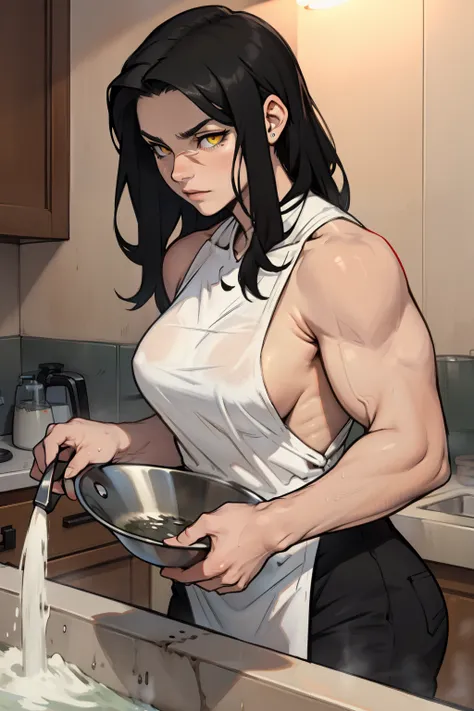 a muscular woman washing dishes black hair yellow eyes pale skin