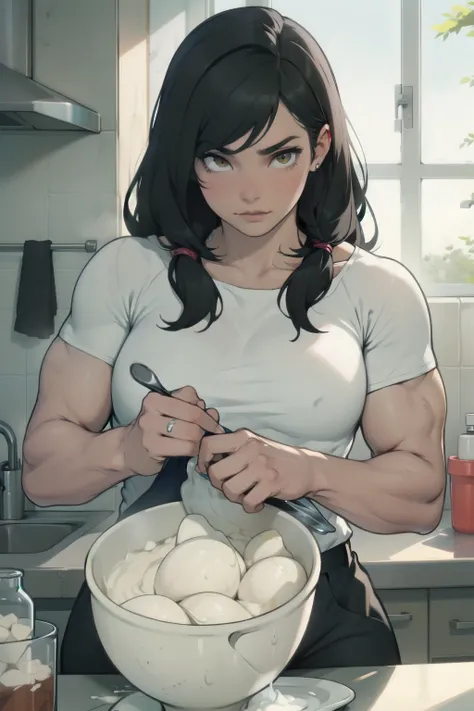 a muscular woman washing dishes black hair yellow eyes pale skin