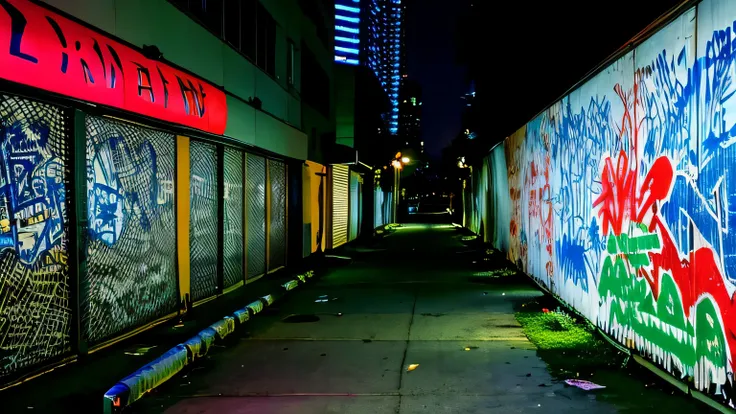 nightの真っ暗なスラム街の袋小路　no one　graffitied wall　scattered trash　no lighting　Near the wall　dim　night