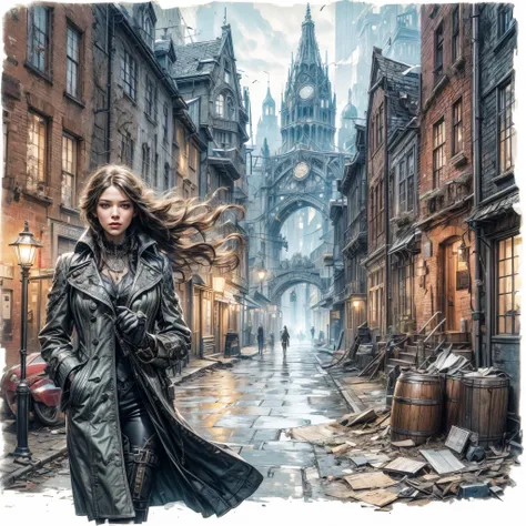 ((Meisterwerk, high quality, artgerm, artstation)), intricate ultra detailliert, vibrant color, hohe Details, woman in a long grey coat walking in an alleyway, Blick auf die viktorianische Steampunk-Stadt, im Steampunk-Stadtbild, Gothic city streets behind...