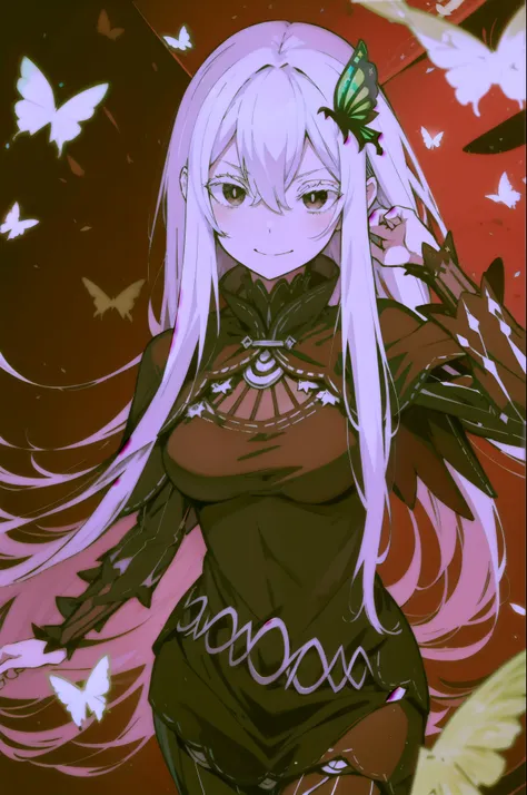 disorganized, High resolution, super detailed, echidna, brown eyes, medium breasts, butterfly hair ornament, (colored eyelashes:1.1), capelet, black dress, long sleeve, looking at the viewer, evil smile,, surreal landscape, shine, Bright colors,