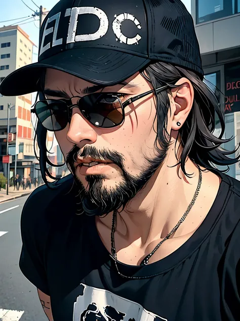  1 guy, about 37 years old, with a beard and a black metallic rock band shirt, wearing a black cap and strong sunglasses,em frente a um cartaz autoestrada to hell Dave Grohl, slanted eyes post-apocalyptic destroyed city background (aquarela colorida )