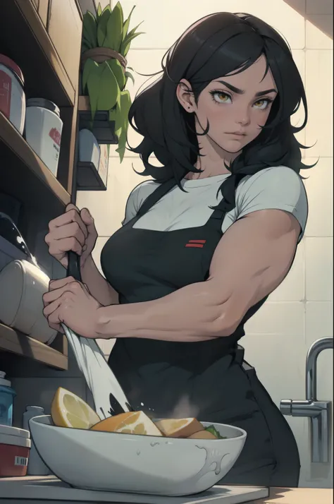 a muscular woman washing dishes black hair yellow eyes pale skin