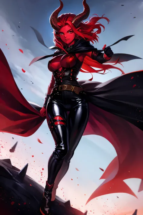 Tiefling, red skin, ginger hair, two horns, girl, black cape, fantasy, black leather pants