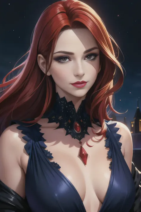 portrait shot, ((vivid red hair)), mature woman, 30 years old, diamond face, moonlight, red starry sky background, depth of field, magic, big red lips, ((dark black eyes)) blue and red long and full dress, covered chest, mystical atmosphere, ominous shadow...