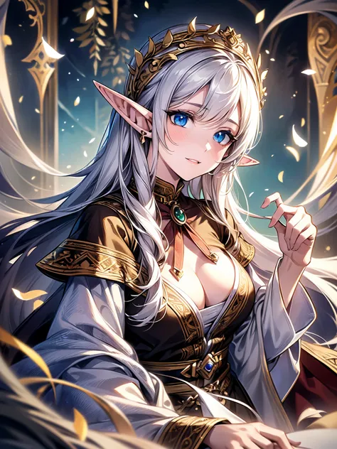 ((highest quality)),(ultra high resolution),(Super detailed),(detailed description),((best CG)),(best work of art),super precision art,amazing drawing art,(Fantasy art with precise details:1.5), (female elf:1.7),(long tied hair:1.4),(Frugal cloth clothes:1...