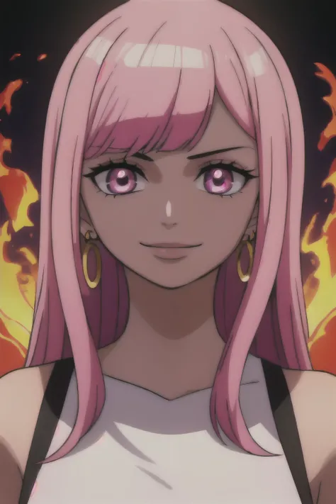 1girl, wanostyle, pink hair, hime cut, bangs, fire, a girl with pink hair and magenta eyes wearing a white dress and black wings in front of a dark background with fire behind her, boa hancock, bare shoulders, smiling, light-skinned female, (light skin), h...