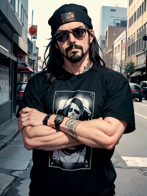  1 guy, about 37 years old, with a beard and a black shirt and sweatshirt from a metallic rock band, wearing a black cap and strong sunglasses,em frente a um cartaz autoestrada to hell Dave Grohl, serious pose looking at the camera 