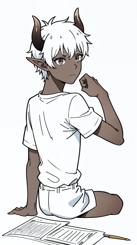 (1boy,8 years,solo),((dark skin)),white shirt,short sleeves,white shorts,black hair,elf ears,(horns),(white background,line drawing),from back,sitting,