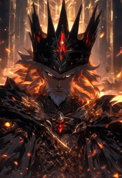 A thin old king wearing royal black clothes and a black crown sat on his throne, his facial expression showing cruelty. Approaching perfection, Long take shot, Ultra detailed, smooth, HD resolution, Very detailed face structure. Approaching perfection, Lon...