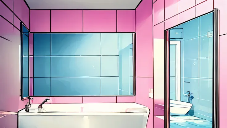 Pink walls of a bathtub with no people around　Cloudy mirror　bathtub at the edge of the screen