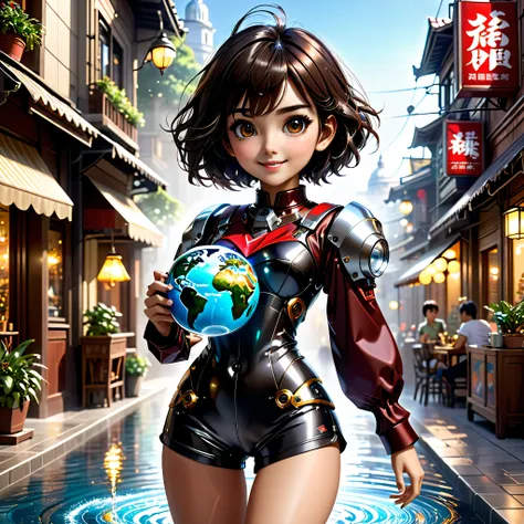 A fine Mecha-girl fullbody mechanized, with black hair, she is wearing short shorts and a shirt, shes 18, her eyes are dark brown, coffee, she loves coffee, she is holding a cup of coffee, she is black, has dark skin, Globe World Earth (epic tMasterpiece, ...