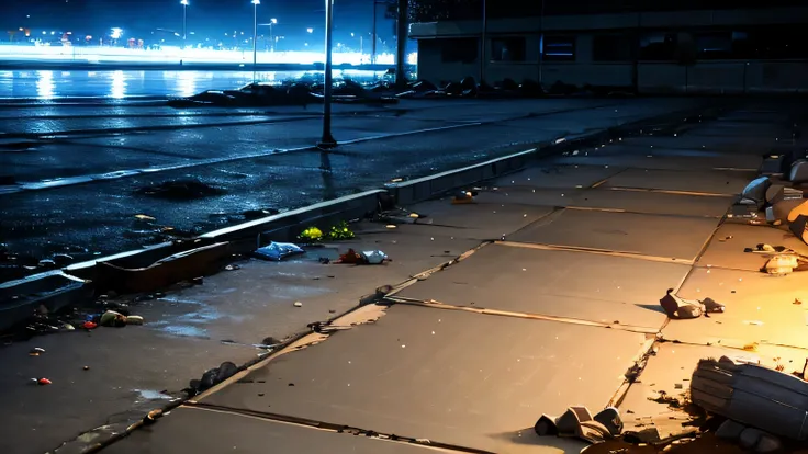 View of dirty concrete ground at night scattered trash