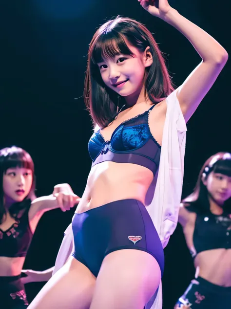 High level image quality、High resolution、10 year old girl、young look、、Japanese、beautiful girl、Idol、dance on stage、No microphone、 Appeal pose、sexy underwear、obscene pose、provocative look、Photographed from directly below、open crotch、