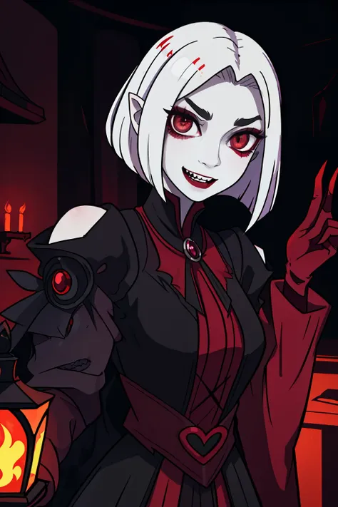 Intricately detailed vampire girl with short, sleek shoulder-length hair and menacingly bared canine teeth. The vampires face is sharp and angular, with vividly colored veins visible beneath the surface of her pale skin. Her eyes, glowing red in the dimly ...