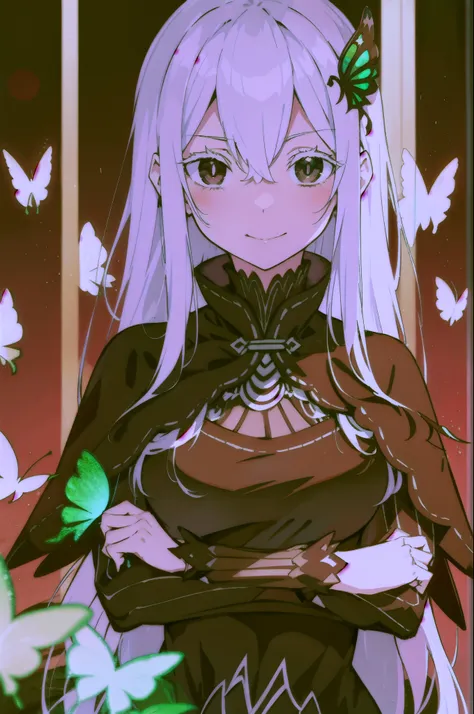 ,High resolution, Super detailed, echidna, brown eyes, medium breasts, butterfly hair ornament, (colored eyelashes:1.1), capelet, black dress, long sleeve, looking at the viewer, evil smile,  bright colors, ghostly effect