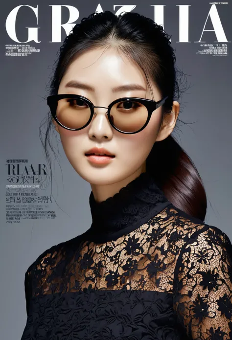 A Korean woman wearing sunglasses on the cover of "GRAZIA" magazine, title in bold font at top with C raster underneath, magazines design is sleek and modern, the setting appears to be an editorial photoshoot for fashion or beauty content, with soft lighti...