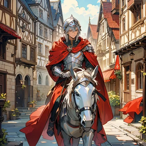 A handsome teenager，European medieval knight costumes，wearing a helmet，Wearing silver armor，Shield in left hand，Sword in right hand，There is a red cloak on the back，Riding a horse through the streets of a Western European town。Medium shot composition，full ...