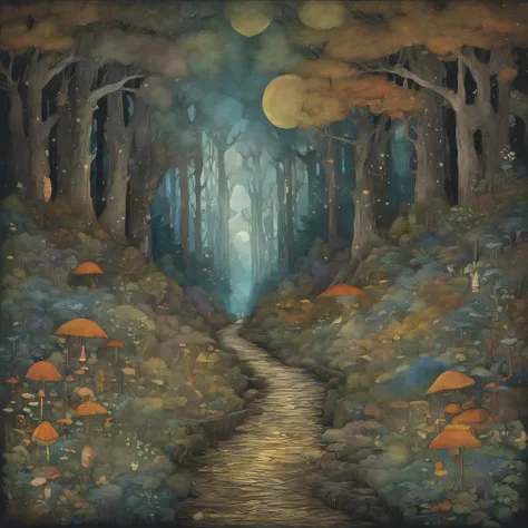 (wall art) (no mockup) (john bauer design) (scandinavian dense dark forest surrounding a small path into the forest) (scandinavian colors)