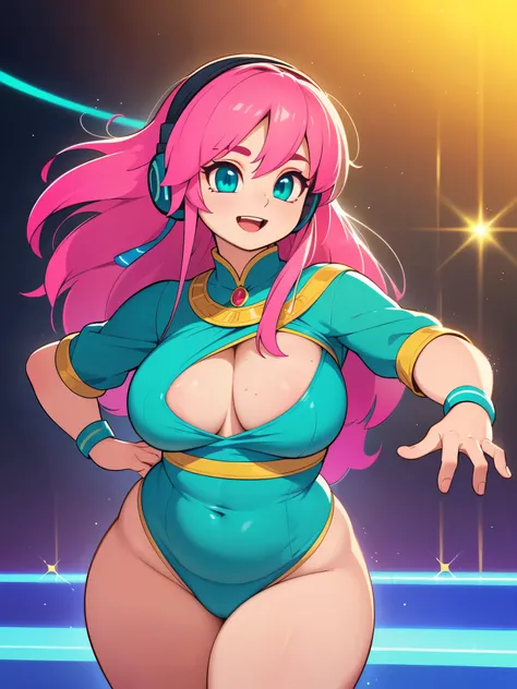 (best quality, highres, masterpiece:1.2), ultra-detailed, (realistic, photorealistic, photo-realistic:1.37), woman, mature, music notes, dancing, Joyful expression, Pink flowing hair, sparkling teal eyes, Music aura, instruments, headphones, Etheral, Stage...