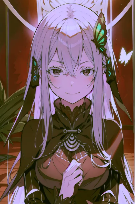 ,High resolution, Super detailed, echidna, brown eyes, medium breasts, butterfly hair ornament, (colored eyelashes:1.1), capelet, black dress, long sleeve, looking at the viewer, evil smile,  bright colors, ghostly effect