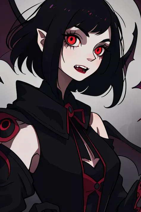 Vampire girl with short, sleek shoulder-length hair and fangs subtly peeking out, showing off her eerie and captivating canine teeth. Her expression radiates an enchanting mix of allure and danger, adding to her mysterious and intriguing persona. Striking ...