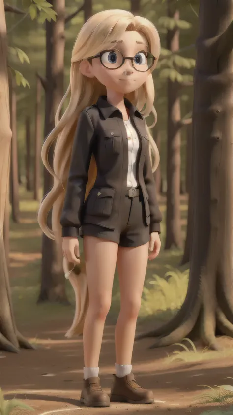 Blonde girl, long hair, Wear a black outfit, Body color is tan, Hazel eyes, Wear clear sunglasses, Standing in the woods