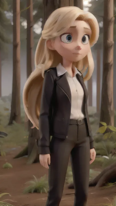 Blonde girl, With long hair, Wear a black outfit, Long black pants, Black jacket and white shirt, Body color is brown, Hazel eyes, Wear clear sunglasses, Standing in the woods