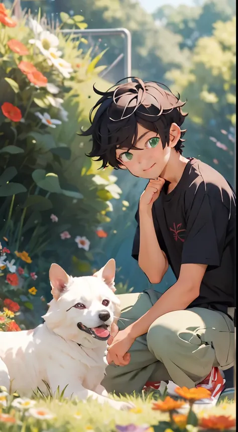 realisticlying，（tmasterpiece，top Quority，best qualtiy），1 boy，Pet dogs，looking to the camera，coloured background，ssmile，Black super short hair，Handsome man，white short sleeve，Red flowers and green grass