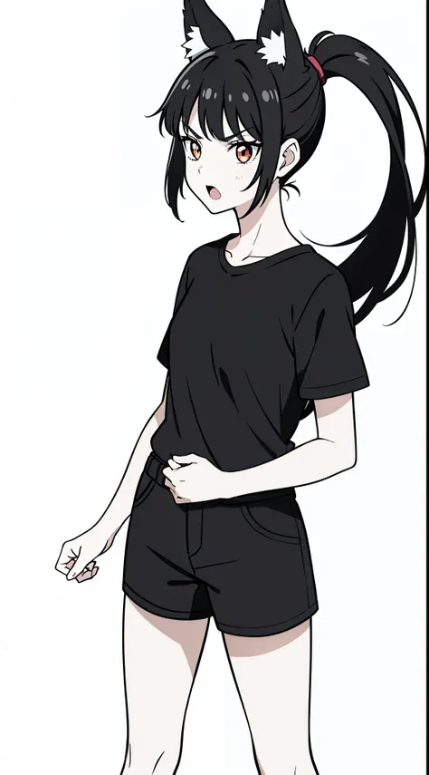 (1girl,16 years old),solo,angry,black hair,ponytail hair,short hair,fox ears,black shirt,short sleeves,black shorts,cowboy shot,(white background,line drawing),serious,open mouth,standing